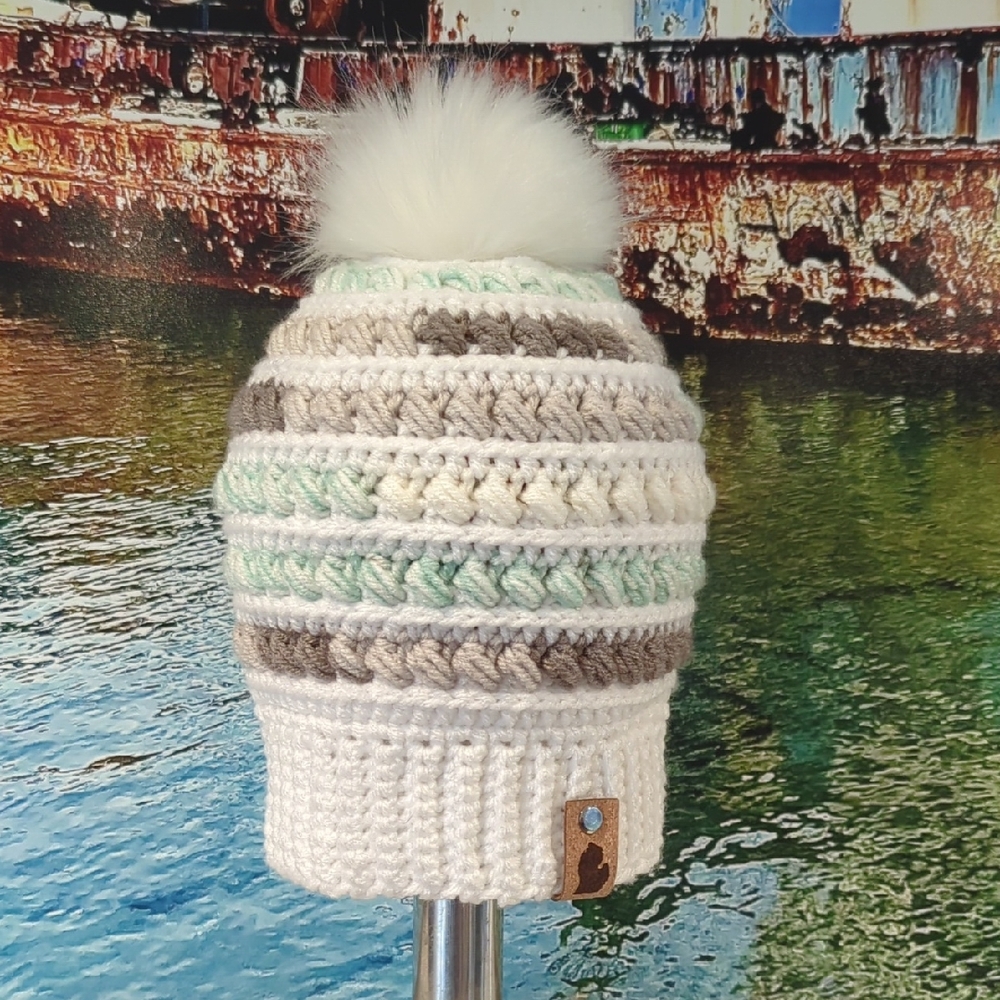 Hand Knitted Removable Pom Beanie - White with Mint & Taupe Stripes